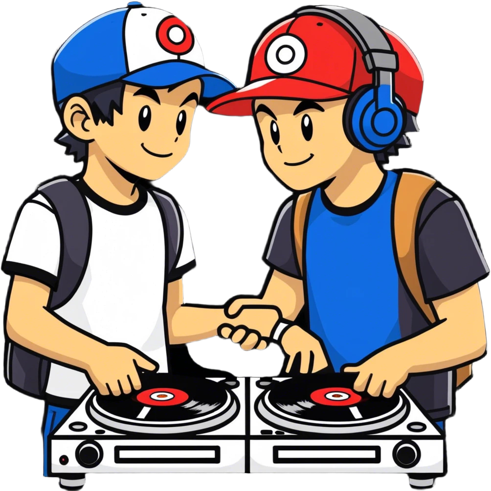 Hot handsomeb muscular 6ft tall smiling happy clean shaven ash ketchum being a  dj and his music rocks while kissing two friends emoji