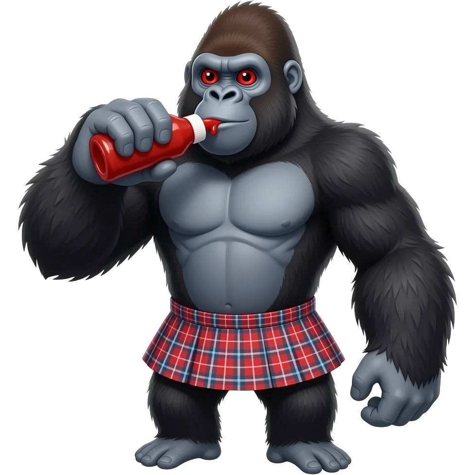 Faza um gorila com olhos vermelho bbendo ketchup e com saias e mão muito grandes emoji