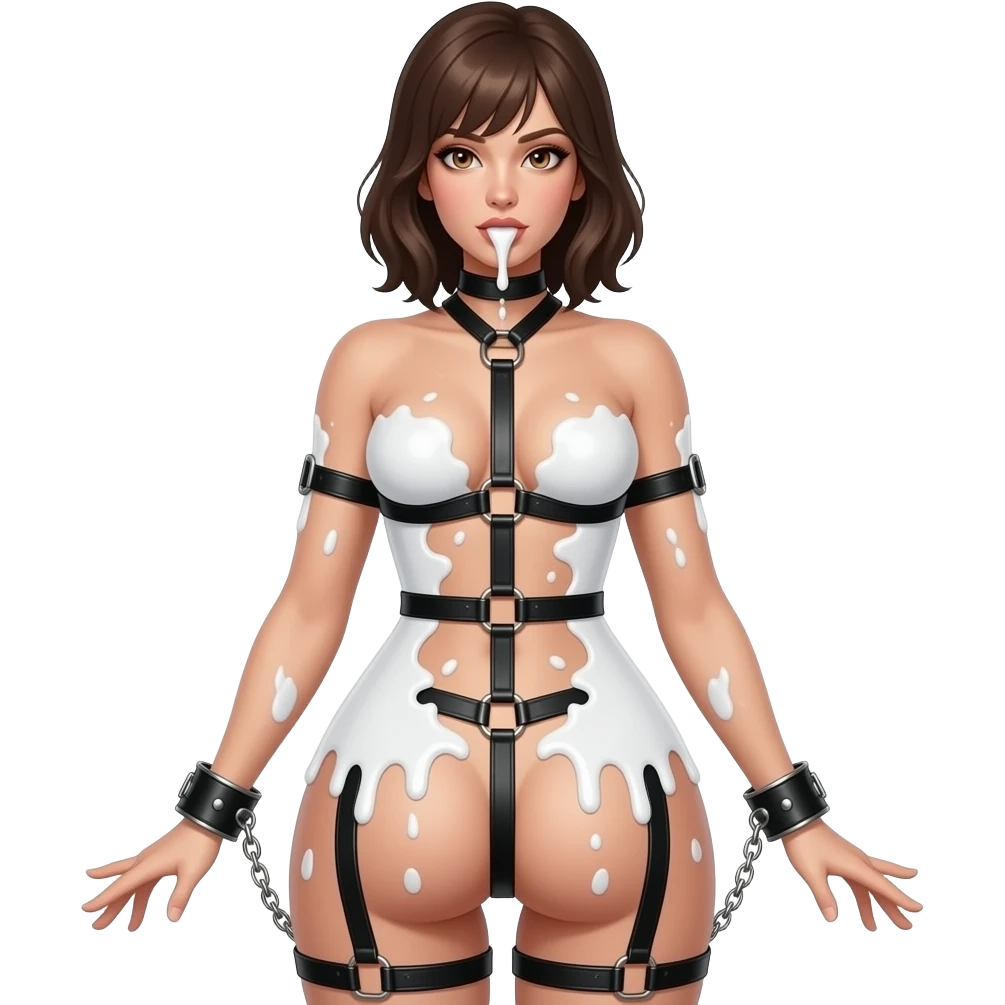 Sexy brunette brown eyes bdsm bondage mouth full of milk covers all over with splattered chunky whitecake batter in black leather hand cuffs  looking from behind emoji