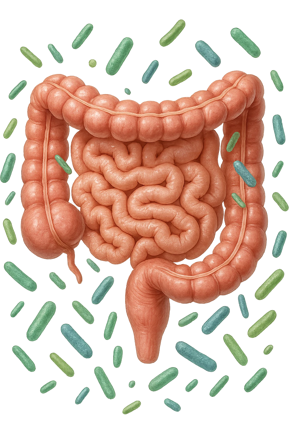 intestino umano anatomico con batteri intestinali che gli fluttuano intorno emoji