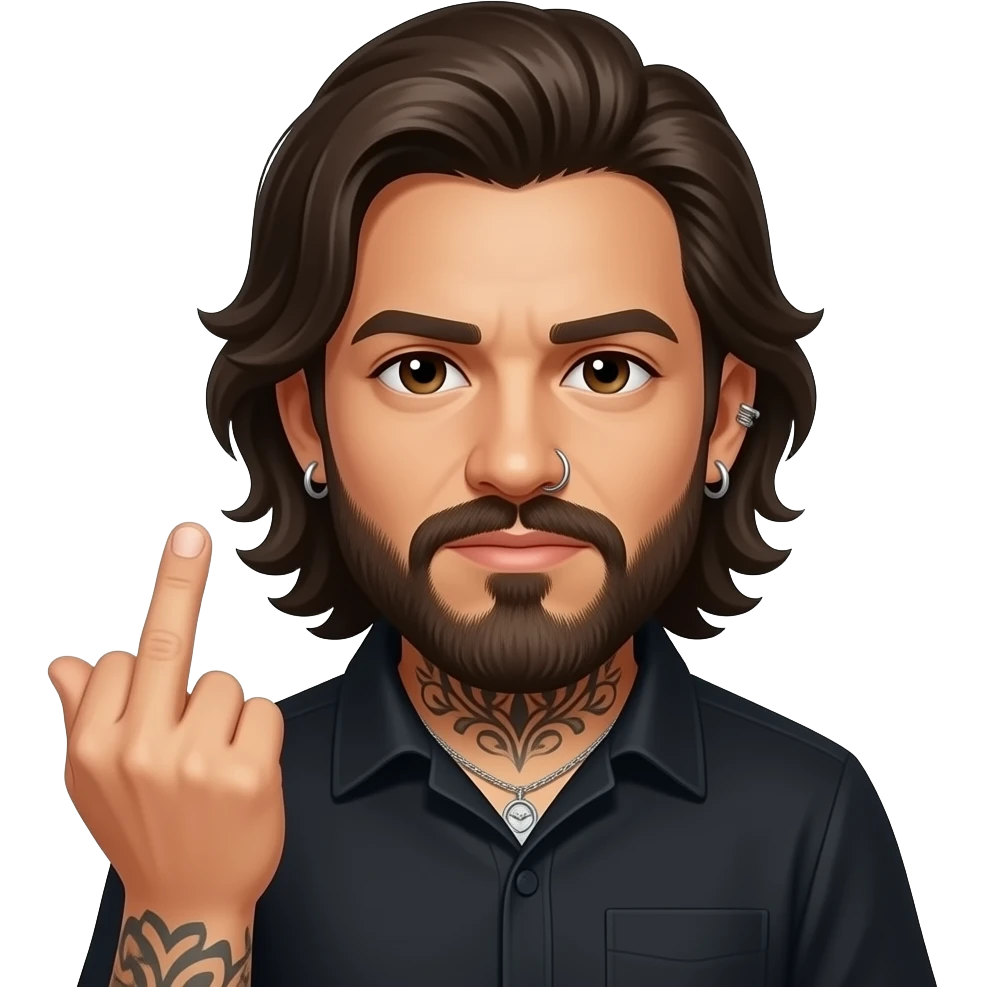 The handsome Latino podcast host with medium length hair, a long beard and tattoos with his ears pierced and a nose ring on the right side flipping somebody off with his middle finger emoji