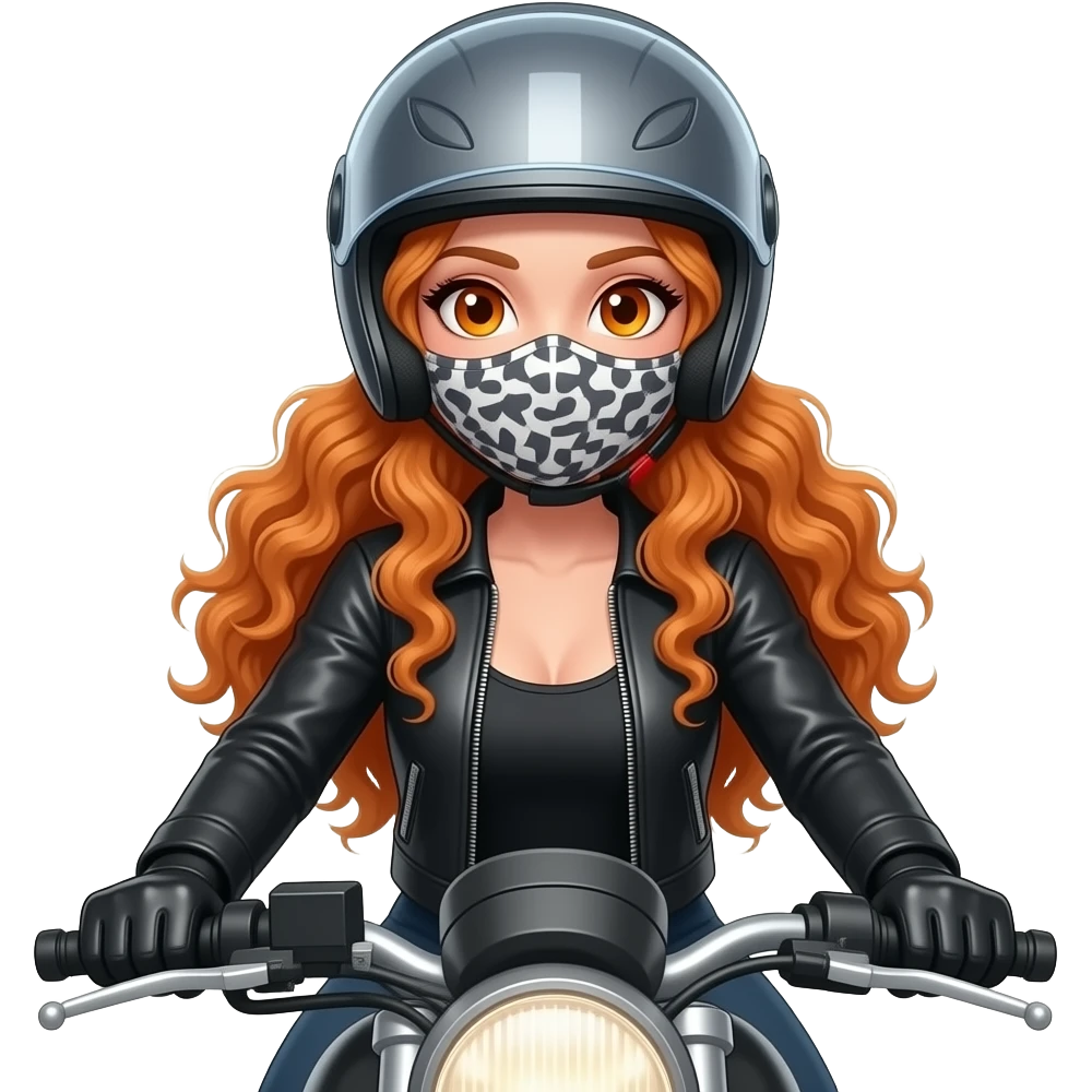 sexy girl with long curly ginger hair and ginger eyes is riding a motorcycle wearing a helmet and a mask emoji