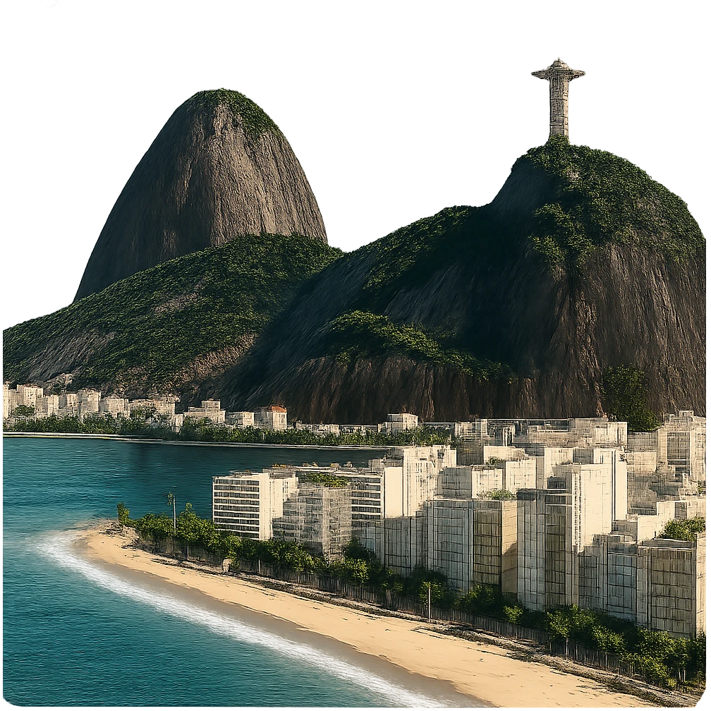 Remove the sky background from the original Rio de Janeiro emoji, keeping everything else exactly the same: the majestic vista of the skyscraper-lined beach, the mountain, and the Christ the Redeemer statue, with lifelike detail, bright lighting, and accurate colors. The background should be fully transparent and nothing else should change. emoji