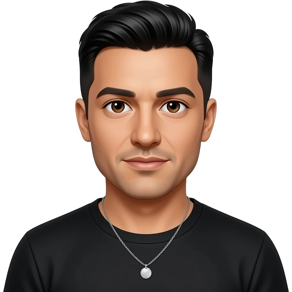 Anwar Jibawi with dark brown eyes, black hair, black metallic T-shirt, necklace emoji