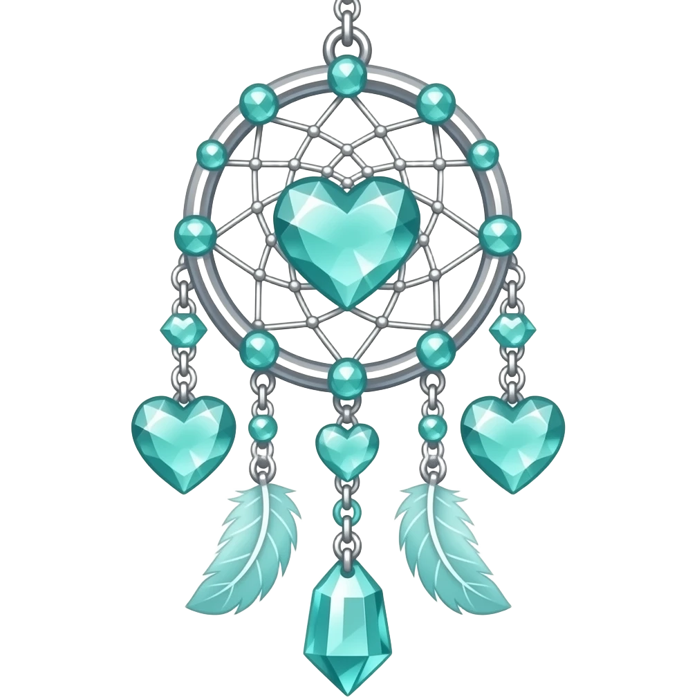 Cyan-greenish and silver cold-cool-colored romantic lush beautiful pretty hanging crystal-catcher aesthetic with hearts and sparkles and feathers emoji