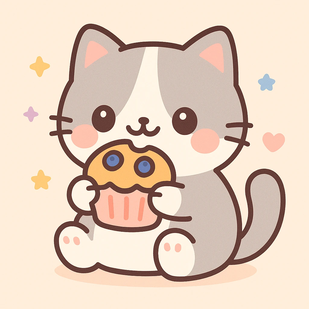 a grey and white kitty eating a blueberry muffin, cute and appealing style, colorful, soft, friendly emoji