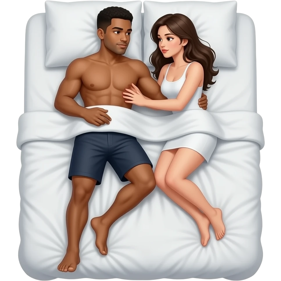 naked mixed man fucks naked woman. Botha of them are having sex on the bed. Action is showed emoji