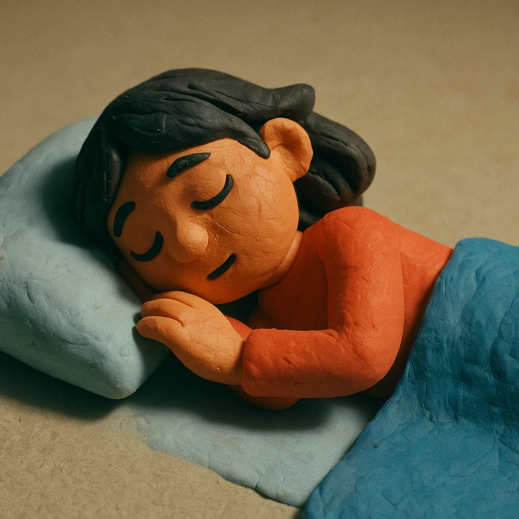 A girl with dark hair sleeping on a baby blue pillow emoji