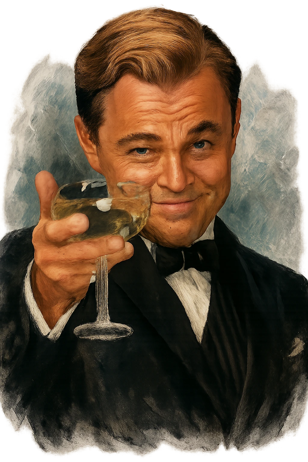 Сделай знаменитый мем с Ди Каприо из Великого Гэтсби, слегка рисованный, но при этом реалистичный объемный стиль, прозрачный фон emoji