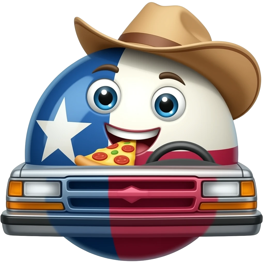 texas countryball with eyes and a cowboy hat with a smiley face eating pizza and driving inside of a 1987 Chevy Silverado emoji