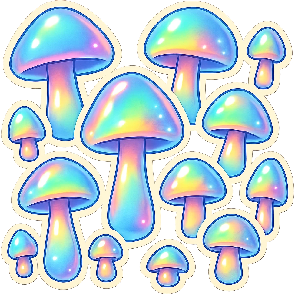 a field of opal crystal mushrooms with rainbow reflections emoji
