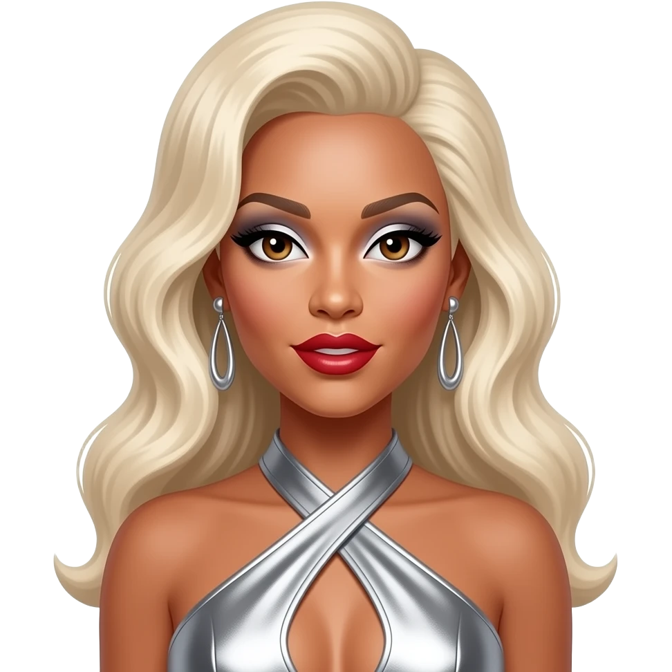 Beyonce with hazel eyes, long platinum blonde 60s beehive hair, silver eyeshadow, red lipstick, silver metallic halter dress, silver earrings emoji