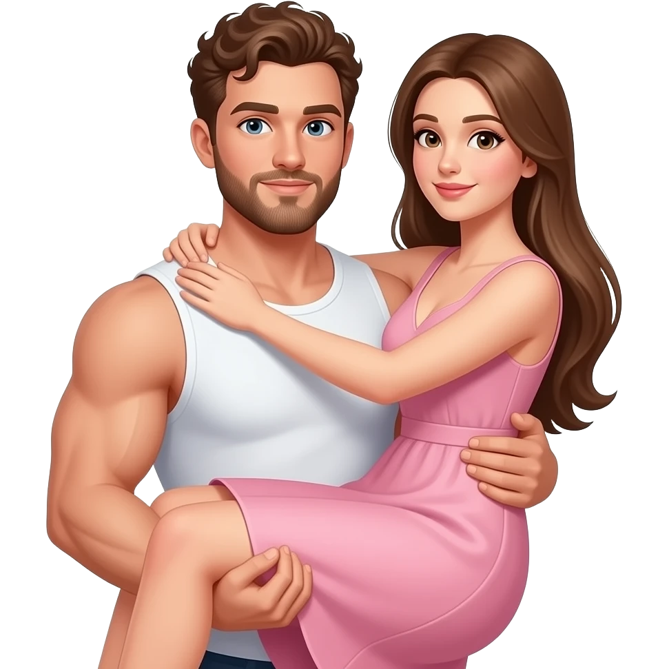 Realistic white skin brown short curly hair with beard muscular man carrying white skin long straight brown hair girlfriend wearing aesthetic pink dress HD emoji