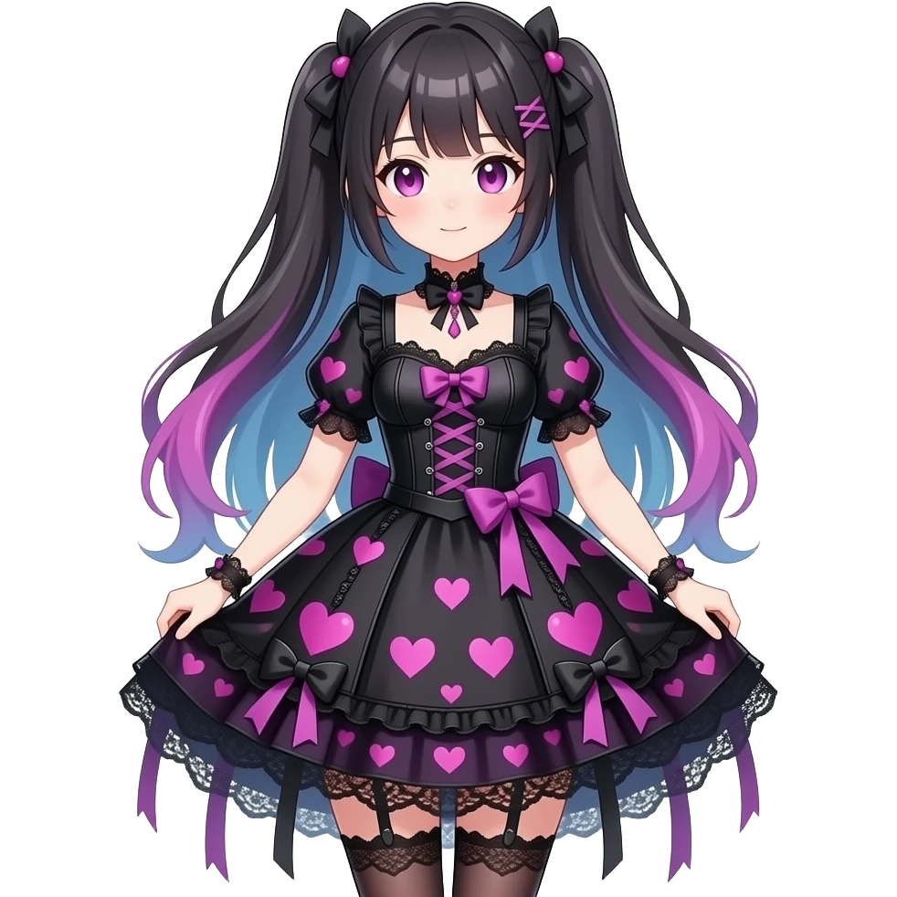 Cute colorful trendy aesthetic pretty anime woman lady vtuber with, gothic, fringes, laces, skirt, dress with heart patterns, ribbons, emoji