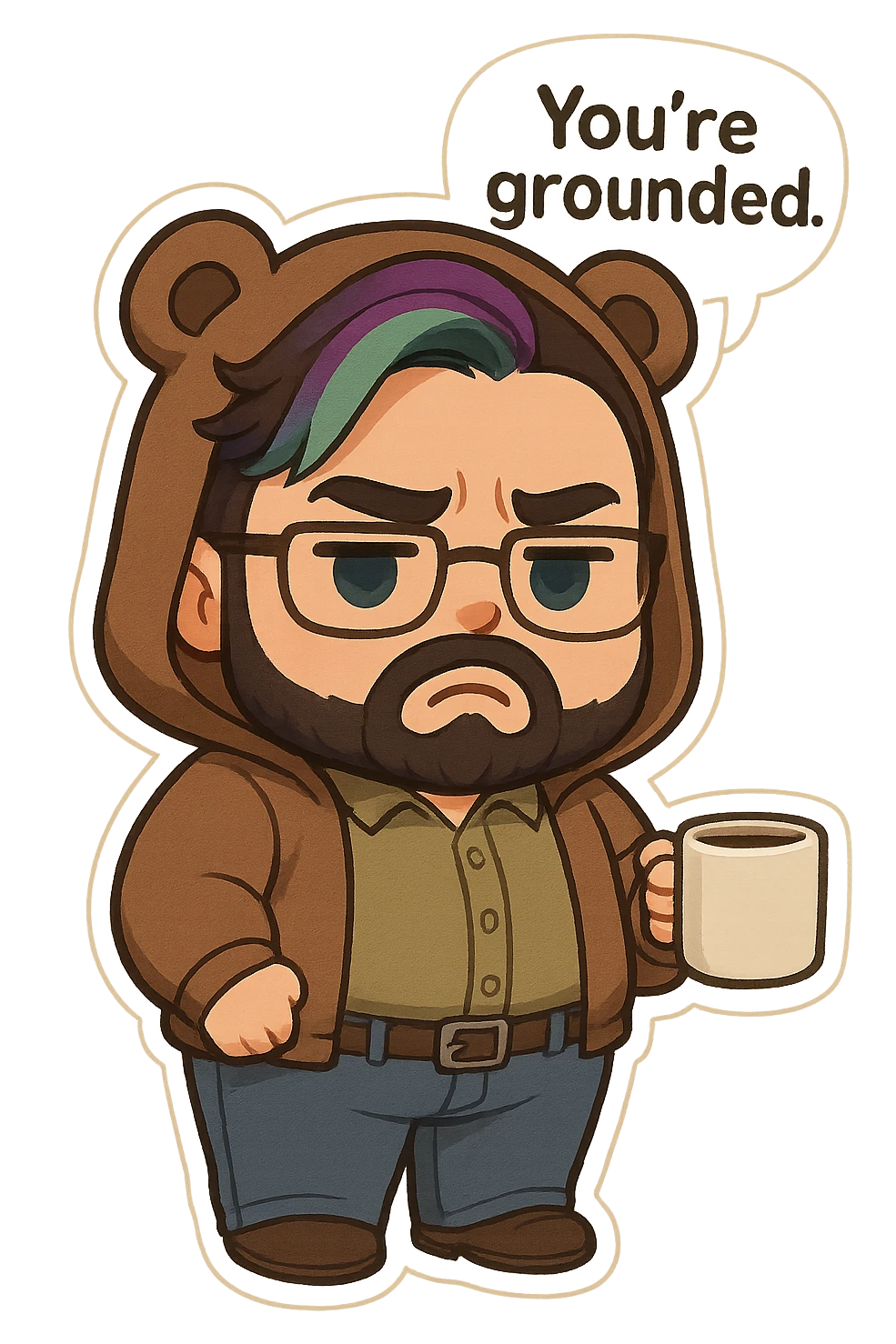 A realism art illustration art style of a plus-sizes man with purple to green ombre streak, black beard, blue eye, glasses, wearing a bear hoodie with ears,  dressed like a dad, holding a coffee mug, You’re grounded speech bubble, frowning  emoji