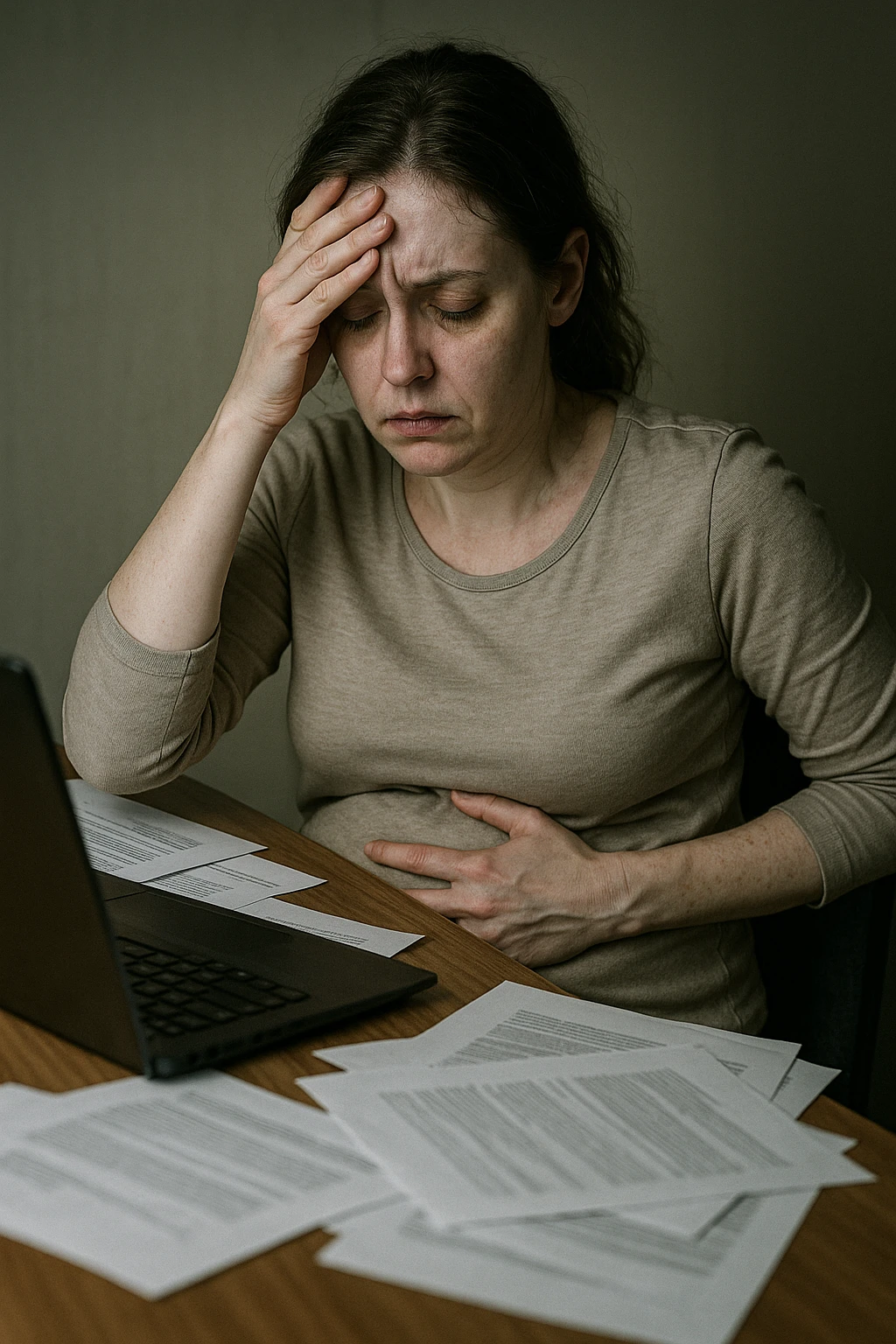 Empathetic photorealistic shot of a woman at her desk, overwhelmed by work. One hand is pressed against her forehead, the other grips her painful, bloated abdomen. Papers are scattered around her. The lighting is harsh and unflattering, emphasizing her pale complexion and the dark circles under her eyes. emoji