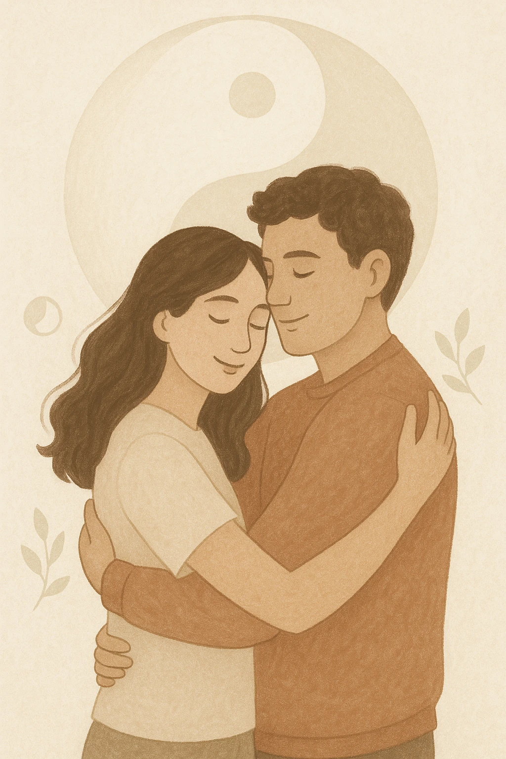 Vertical format: woman and man hugging, light background with symbols of balance like a stylized yin-yang, atmosphere of peace and complicity. emoji