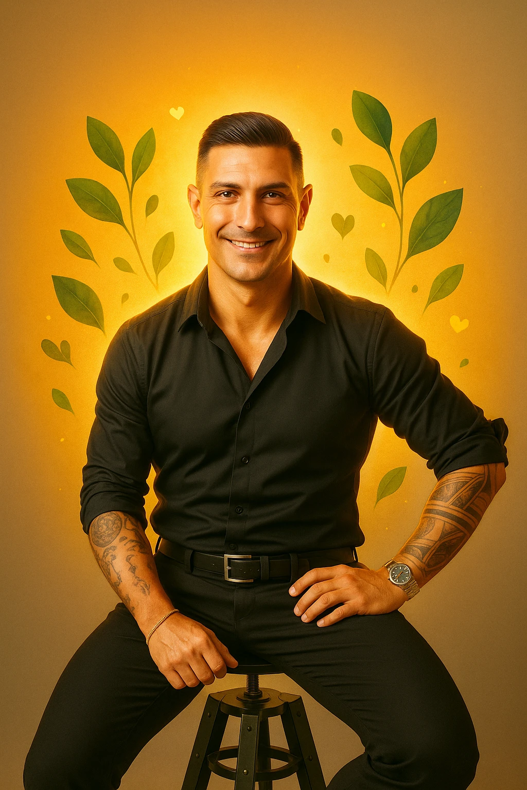 Add visual elements that demonstrate physical and mental well-being: details like a glowing aura, symbols of positive energy, small graphic elements evoking health such as hearts, green leaves, warm light around the face, maintaining a realistic and cinematic style, aspect ratio 2:3. emoji