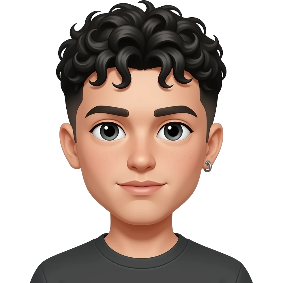 Une garçon adolescent à la peau clair avec des cheveux bouclés noir coupe Bellingham, a un percing à un oreille emoji