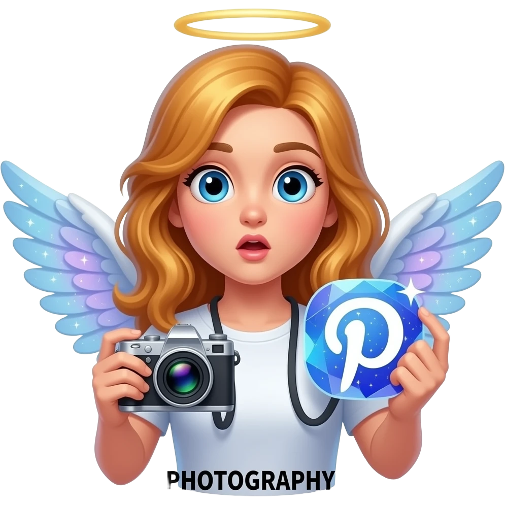 An ethereal blue eyes, glowing amber hair, angel, hand made of starlight holding a crystalline Pinterest logo on the right hand, a camera on the left hand, surprised, pointing at icon. A black text bellow: 'PHOTOGRAPHY?' on the bellow left hand. Glowing nebula colors, isolated on white, bold 3D icon emoji