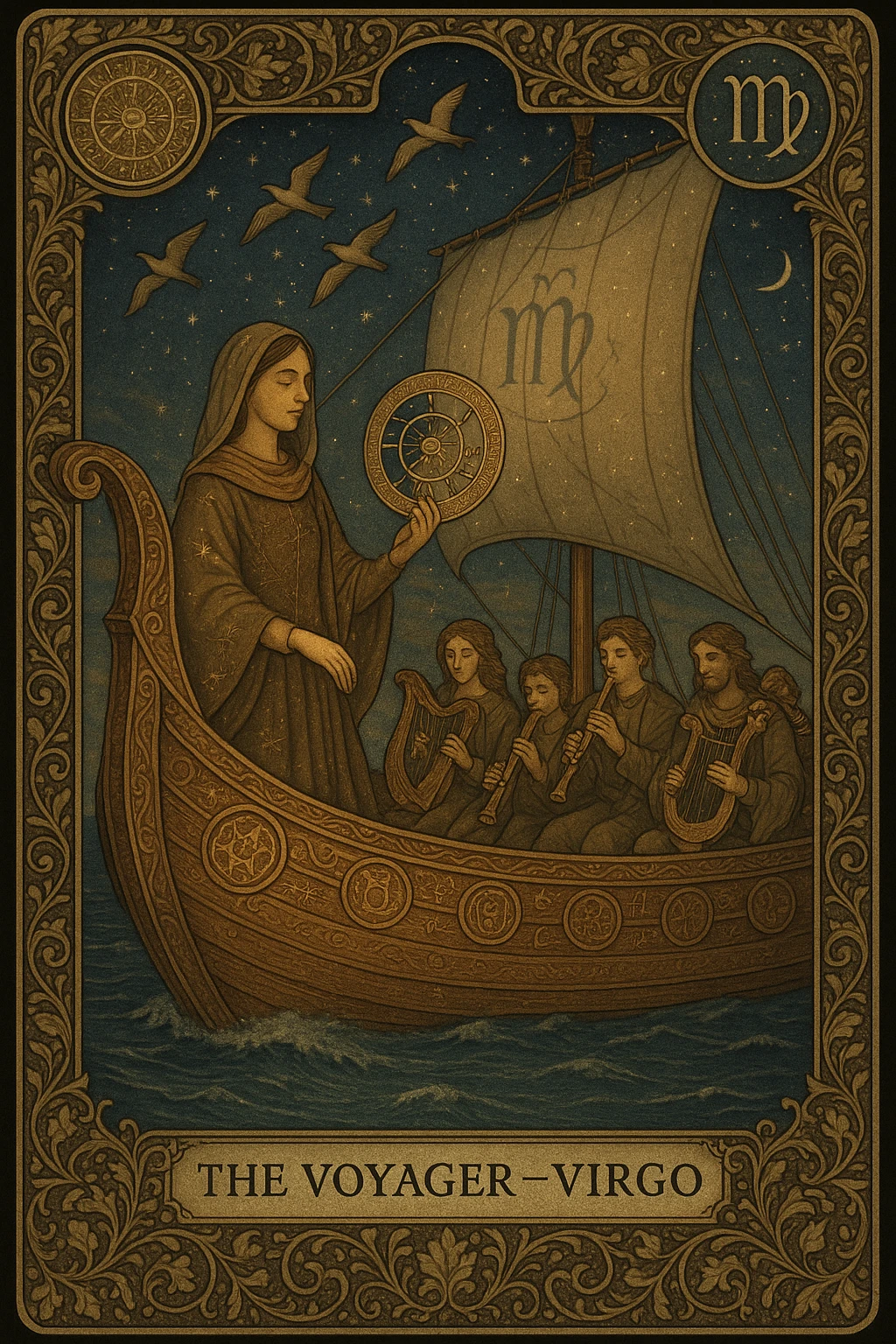 Create a Tarot card titled "The Voyager – Virgo" featuring a serene Virgo figure traveling on a majestic ship across a starlit sea. The Virgo appears graceful and introspective, wearing flowing earth-toned robes embroidered with fine constellations and botanical patterns. She holds a celestial map or astrolabe, symbolizing wisdom and direction. The ship is ornately carved with zodiac motifs, arcane symbols, and detailed woodwork representing elements of nature and time. Birds soar overhead in elegant formation, symbolizing spiritual guidance, while a group of musicians onboard plays harps, flutes, and lyres—each instrument etched with runes and celestial glyphs. Surrounding the card’s border are elaborate vine patterns, miniature zodiac wheels, and golden filigree that shimmer with ethereal light. The background should feature a richly textured twilight sky with layered stars, subtle planetary alignments, and faint Virgo glyphs woven into the sails and horizon. The overall composition should evoke mystery, harmony, and divine purpose, blending traditional Tarot symbolism with intricate artistic craftsmanship emoji