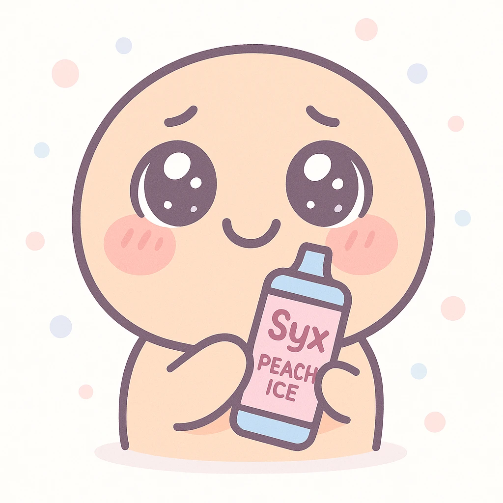 smiling emoji with blushing cheeks, cute begging face, holding a bottle labeled 'Syx Peach Ice', laughing, kawaii style emoji