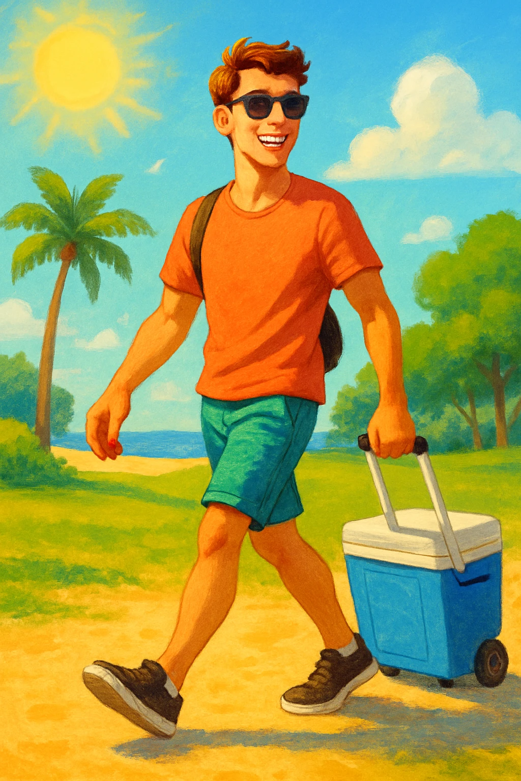 a man pulling a wheeled cooler, summer vibe emoji