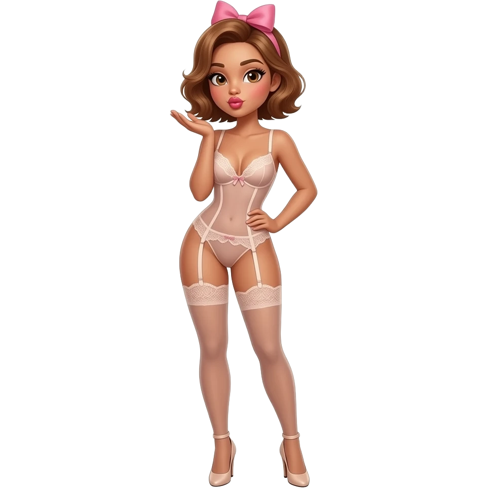 glamours,-tanned,-very-beautiful-woman-with-big-plump-rose-beige-lips,-long-lashes,-honey-silky-very short- hair,-wavy-hair,-with pink bow in hair -hazel-eyes-wearing-nude-lace-lingerie-nude-stilettos-Looks-sexy-winking-blowing-kiss-from-hand-full-body emoji