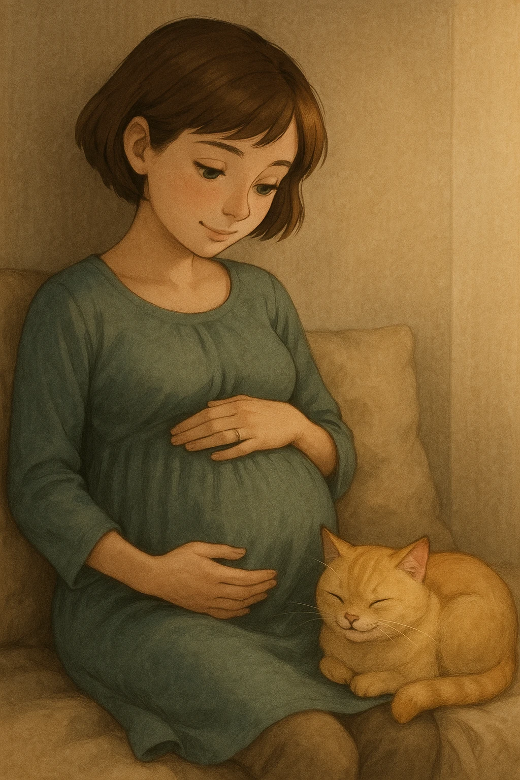 A pregnant girl with short brown hair and green eyes, sitting with a blonde cat curled up beside her. The girl is touching her belly and the cat is purring. emoji