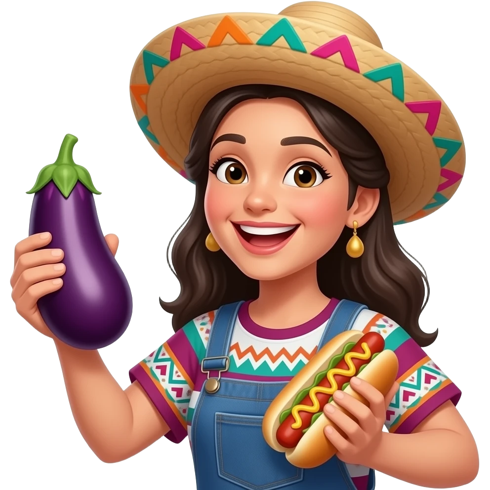 American Mexican woman with an eggplant hot dog celebrating a win emoji
