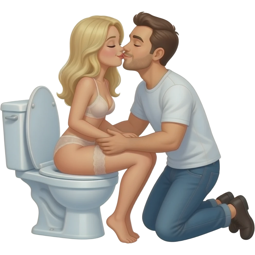 White blonde woman in lingerie sits reverse backwards on open toilet holding her ass cheeks open while man kneels behind her kissing her butt. Eyes closed smiling emoji