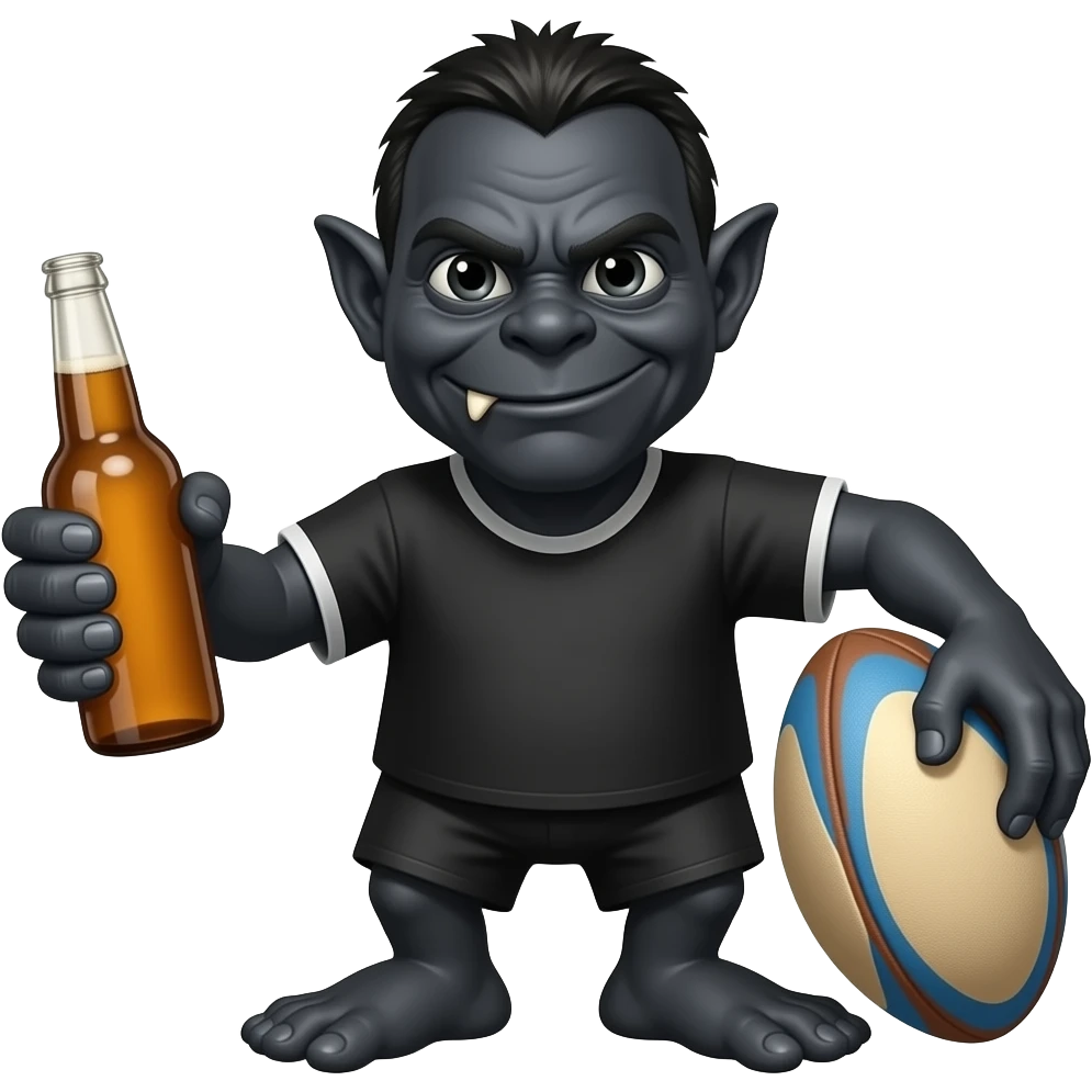 Gremlins noir avce une bouteille de bière à la mains et un ballons de rugby emoji