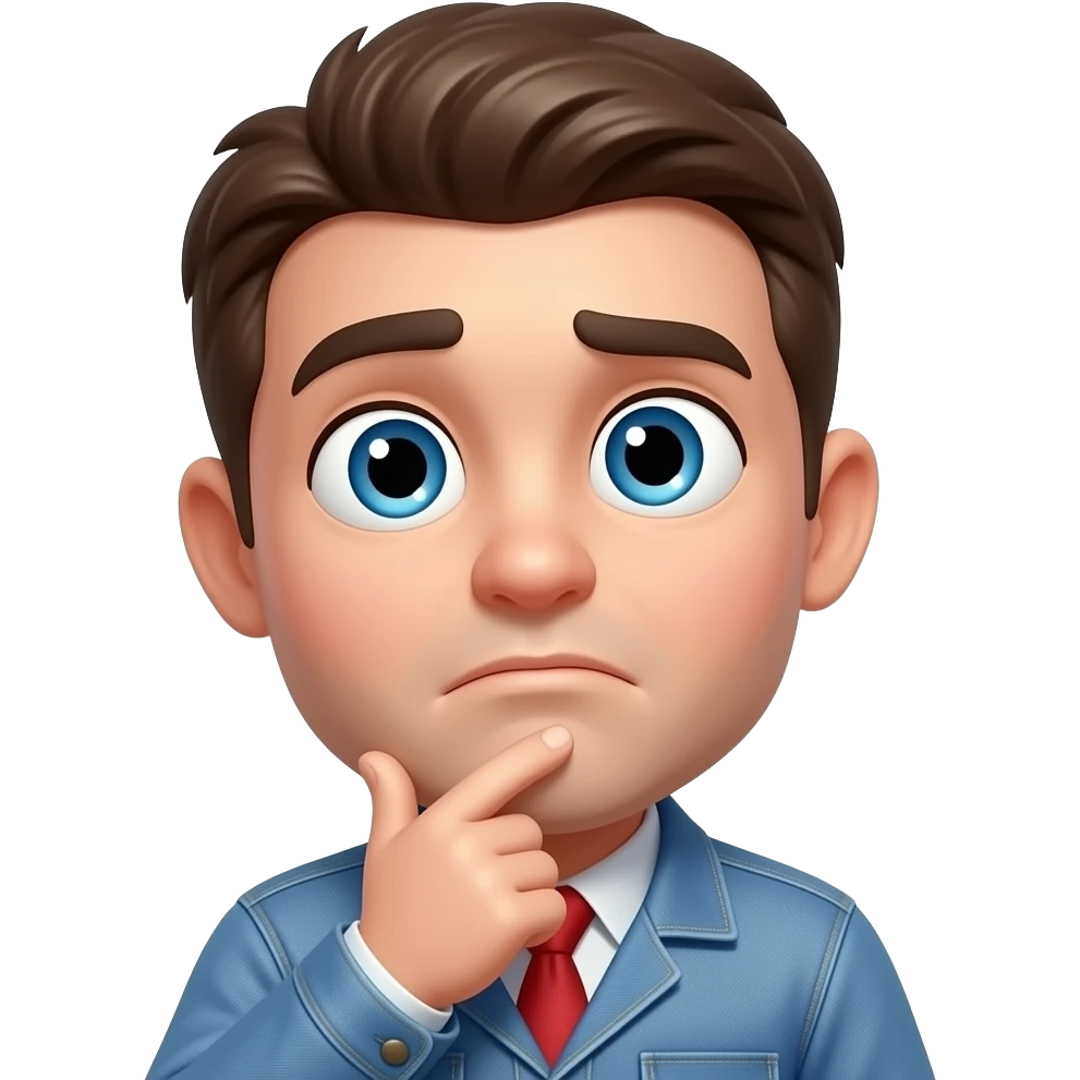 caractor is car only  CONFUSED / THINKING (2 STAR) One eyebrow raised Eyes looking slightly sideways Mouth small and unsure One mirror-hand touching chin (thinking pose) Slight head tilt emoji