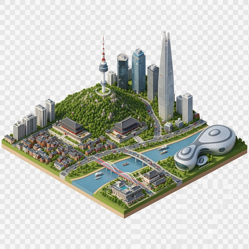 Isometric diorama of Seoul typical houses, Namsan Seoul Tower, Gyeongbokgung Palace, Lotte World Tower, Dongdaemun Design Plaza, and Han River bridges, 3D miniature effect and Tilt Shift effect, no cartoonish look, transparent background. emoji