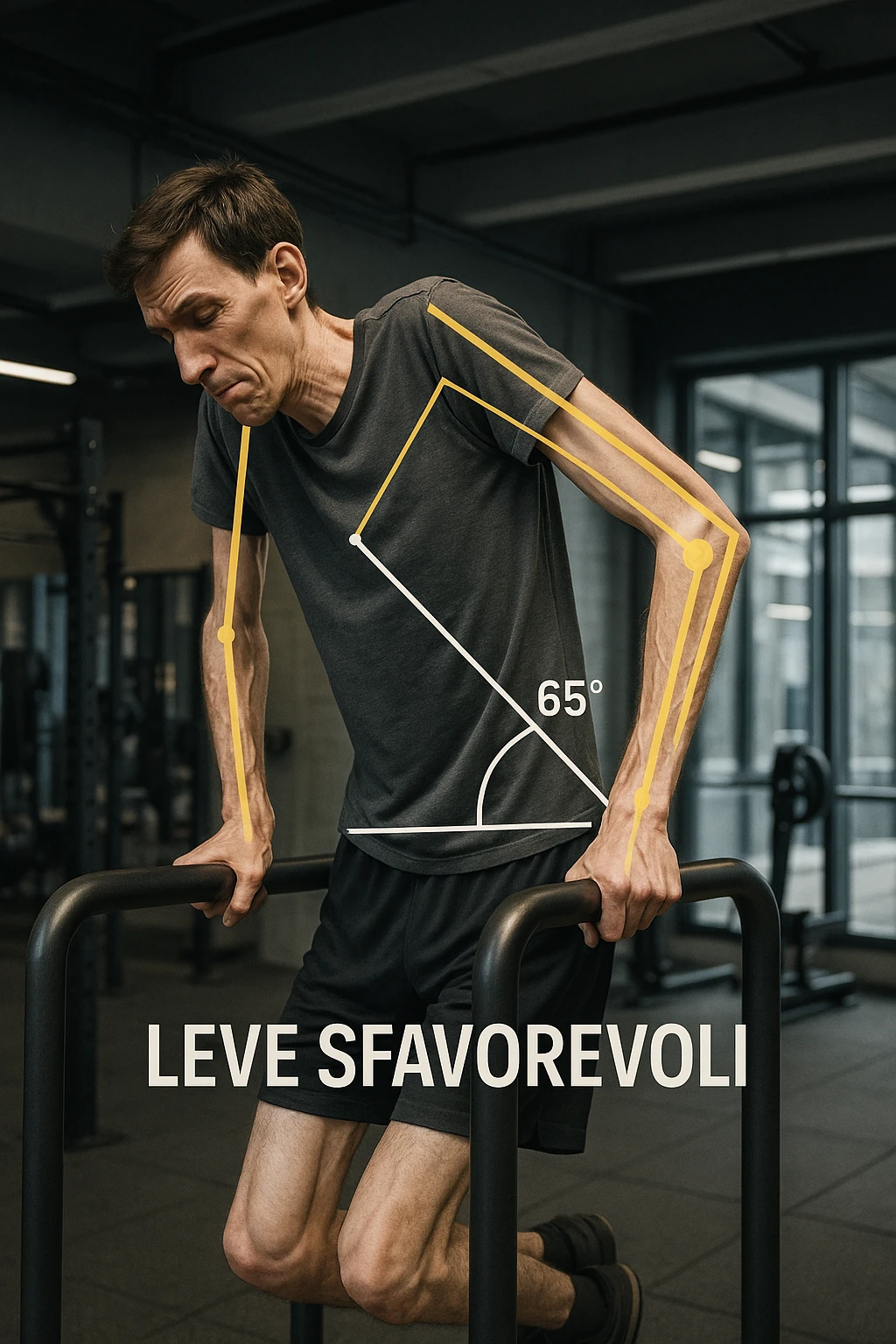 a tall, lean man with very long arms and a short torso attempts a dip on parallel bars. His elbows are deeply bent and his body appears awkwardly positioned, highlighting the mechanical disadvantage. An overlay shows anatomical lines and angles, with labels explaining “Leve Sfavorevoli” The background is a modern gym, with a focus on biomechanics. in italiano emoji