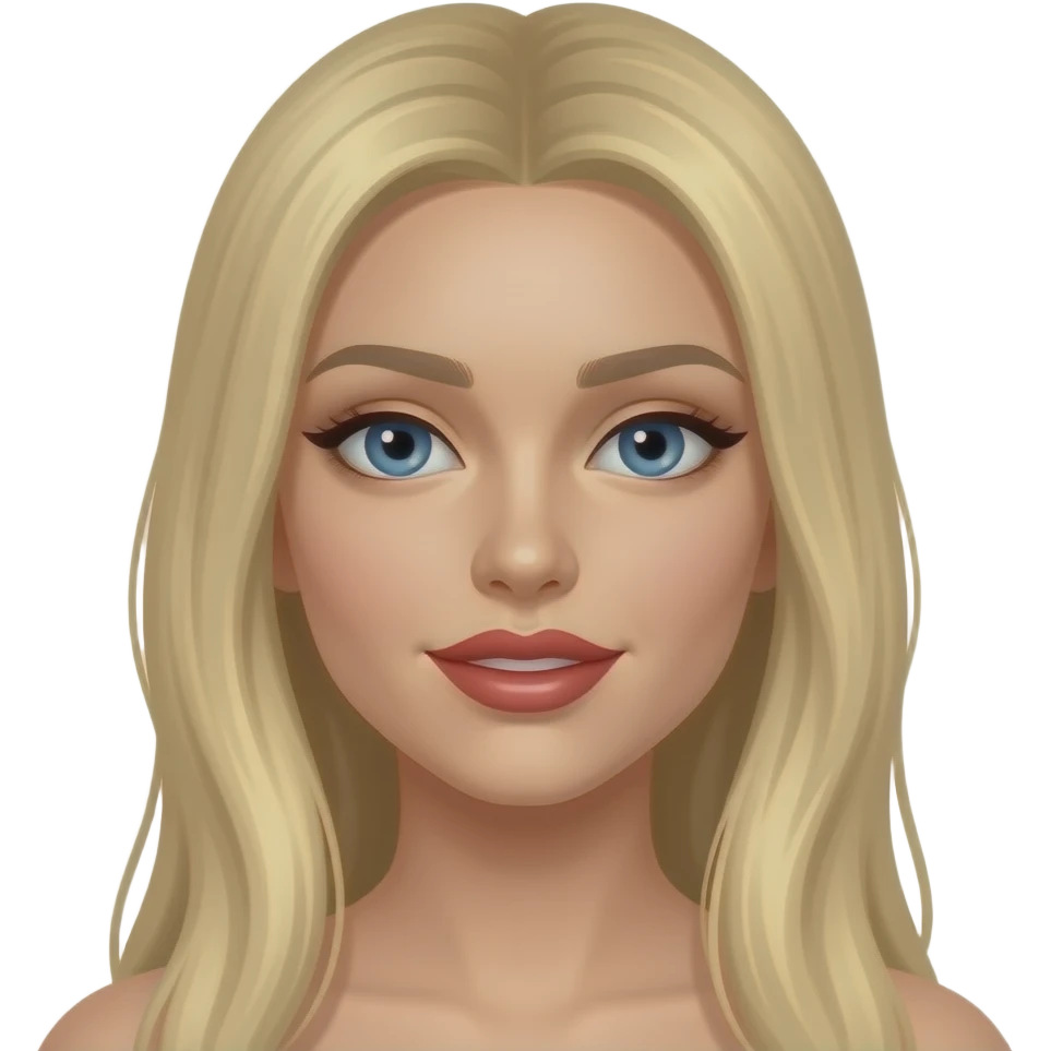 Long straight blonde hair with blue eyes and white and red glossy lips emoji