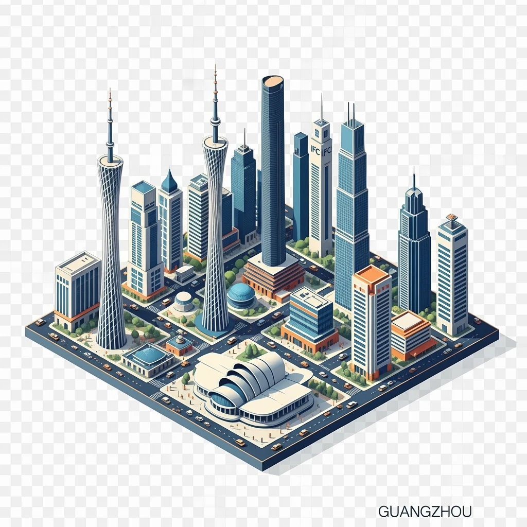Isometric minimalistic illustration of Guangzhou, subtle 3D miniature effect and Tilt Shift effect, no cartoonish look, transparent background. emoji