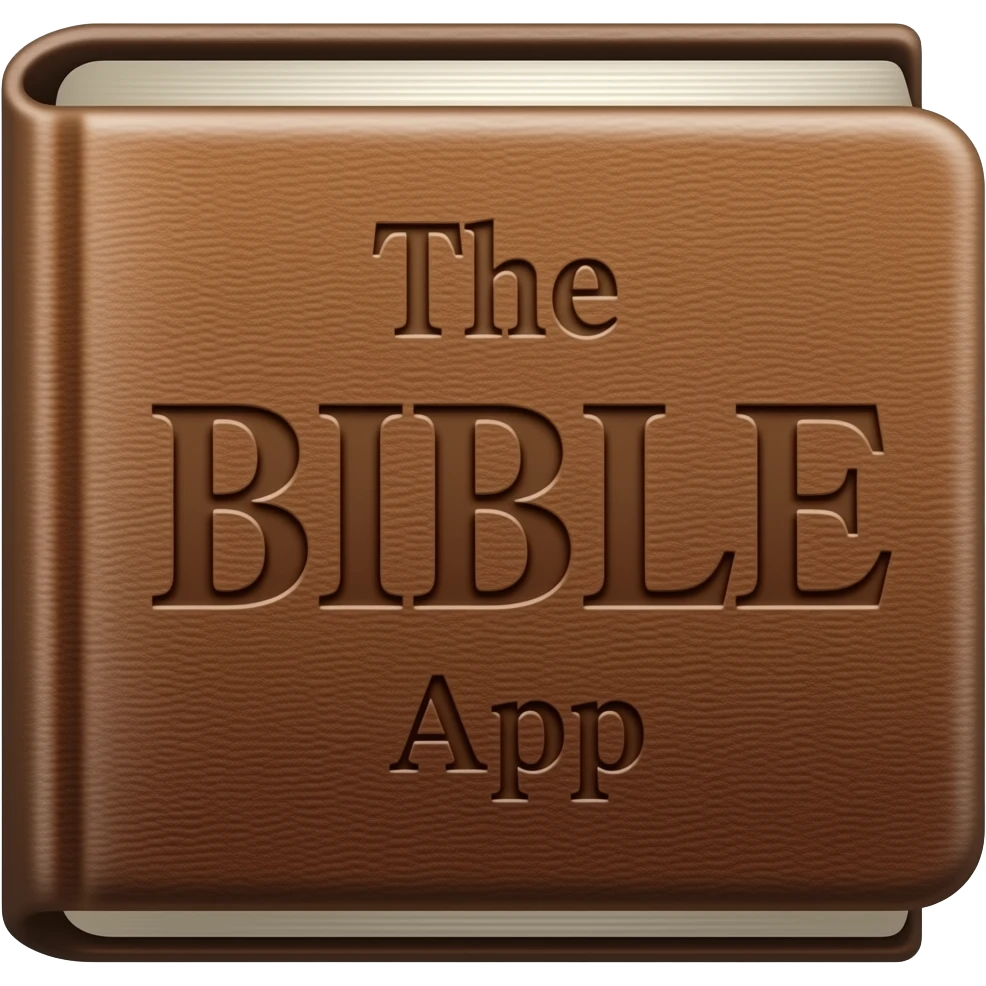 The Bible app..make the text say The BIBLE App, front perspective...darker brown and more realistic brown leather cover. havw emoji
