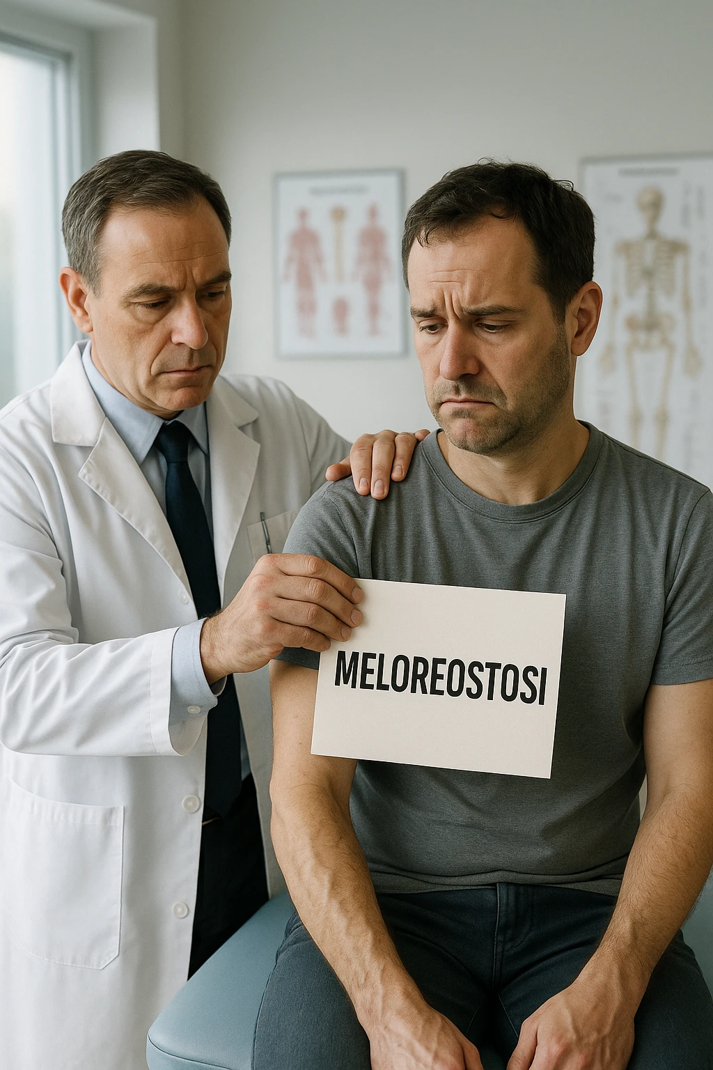 A realistic, cinematic illustration set in a bright, modern medical office. A middle-aged doctor in a white lab coat with a serious expression is shown gently placing a large paper label on the shoulder of a male patient sitting on the examination table. The label has the word 'Meloreostosi' written on it, symbolizing the act of labeling the patient with his rare bone condition. The patient looks confused and slightly disheartened, wearing a simple t-shirt with part of his arm exposed, showing subtle signs of bone thickening or deformation associated with melorheostosis. The background includes medical charts and a softly blurred skeleton model, emphasizing the medical setting. The lighting is bright but neutral, conveying a sterile, clinical atmosphere while focusing on the symbolic moment of receiving a diagnosis label. The mood is introspective and slightly heavy, illustrating the emotional weight of being defined by a rare chronic condition emoji