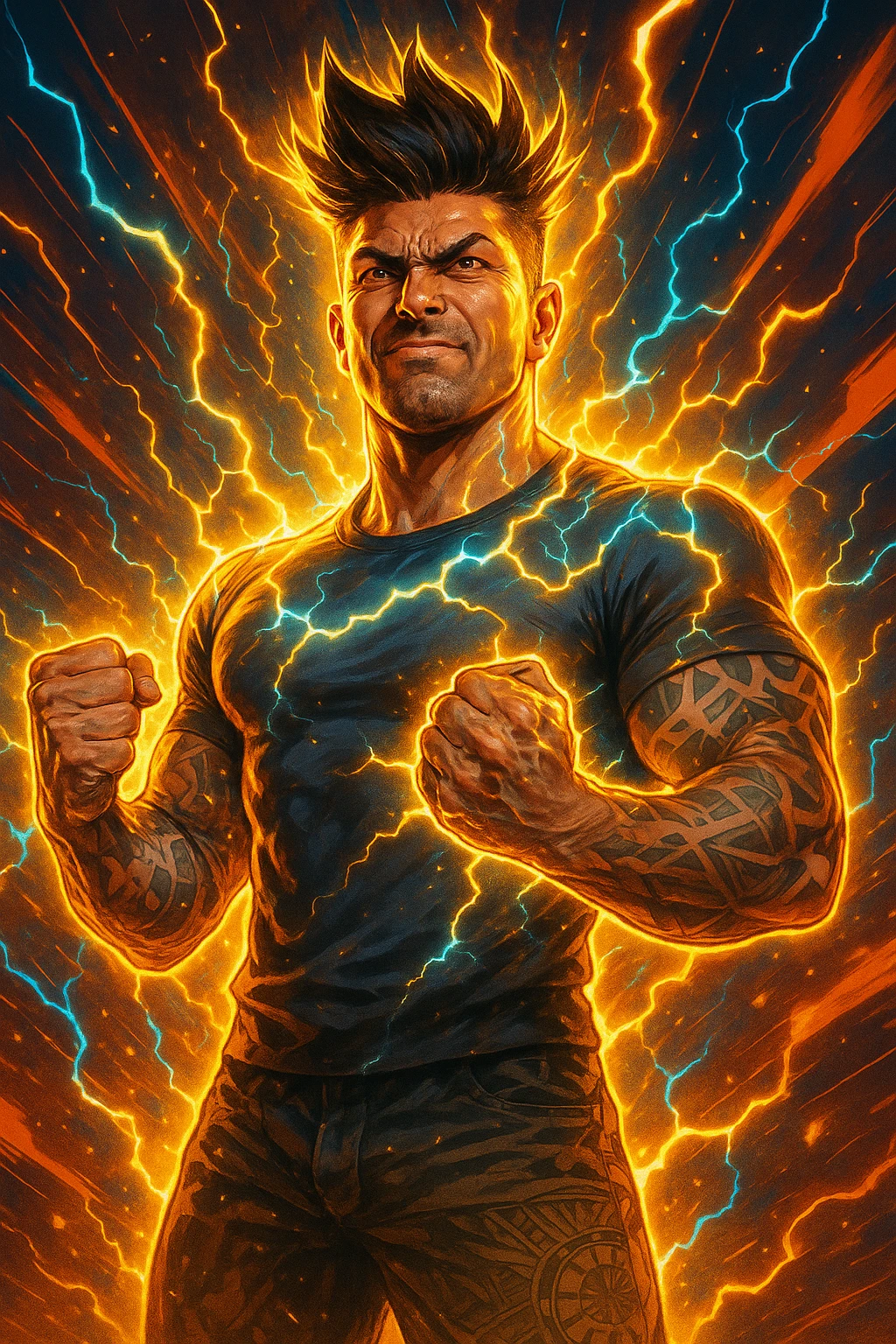 a man with a chiseled physique and wild, upward hair stands center stage, fists clenched and chest out. A radiant, electric aura envelops him, with energy lines and glowing effects highlighting his strength and masculinity. His face shows determination and pride, and the background features explosive, dynamic patterns. emoji