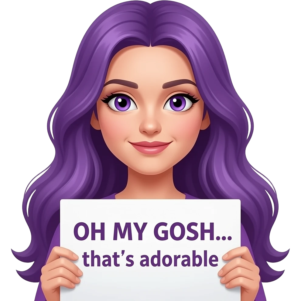 sexy girl with long purple hair and purple eyes holding a OH MY GOSH... that's adorablesign emoji