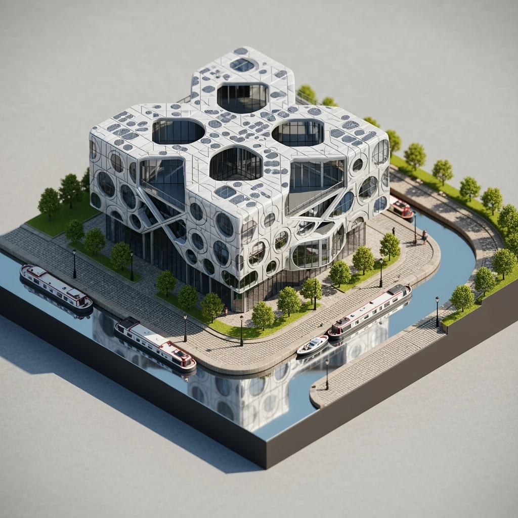 Isometric illustration-model of Birmingham, photorealistic the Library of Birmingham with its modern architecture and nearby canals, highly detailed in semi-realistic style, balanced between stylized and realistic, 3D miniature effect, transparent background. emoji