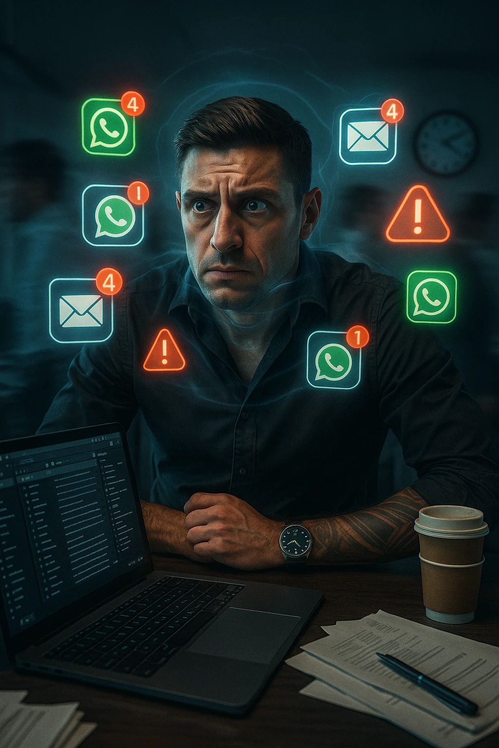 A highly realistic, cinematic portrait of a young man in his early 30s with a tired, tense expression, sitting at his modern office desk surrounded by multiple smartphones with glowing notification bubbles (WhatsApp, emails, alerts) hovering around him like aggressive neon icons. His posture is hunched, shoulders raised, eyes slightly wide, and jaw clenched, representing constant hyper-vigilance and stress. The environment is a cold, cluttered workspace with a laptop displaying endless emails and Slack notifications, coffee cups stacked nearby, and a clock showing late hours, symbolizing the relentless pace of modern work life. Behind him, ghostly blurred figures rush by in a fast-motion effect, representing the constant rush and societal pressure. A faint, tight grey aura wraps around his chest and head, symbolizing blocked breathing and mental tension, while faint blue light tries to push through, representing the body’s desire to find calm. The lighting is harsh and cool, with a 35mm hyperrealistic film style, shallow depth of field focusing on the man’s stressed face and the floating notifications, illustrating the modern trap of always being on alert. emoji