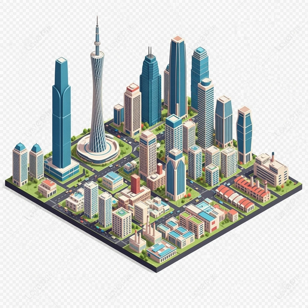 Isometric minimalistic illustration of mix Guangzhou, Shenzhen and Dongguan subtle 3D miniature effect and Tilt Shift effect, no cartoonish look, transparent background. emoji