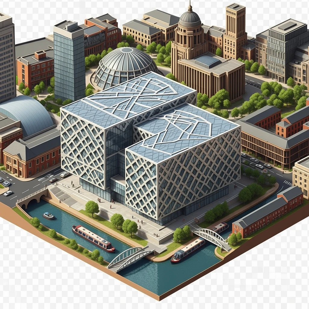 Isometric illustration of Birmingham, featuring the Library of Birmingham with its modern architecture and nearby canals, highly detailed in semi-realistic style, balanced between stylized and realistic, 3D miniature effect, transparent background. emoji