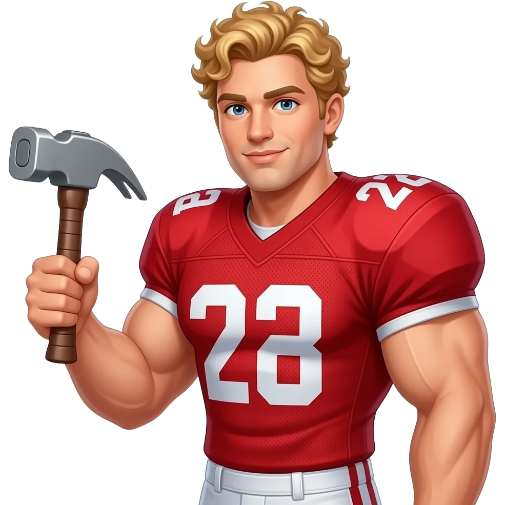 Muscle man with curly blonde hair big boobs holding hammer wearing red football jersey emoji