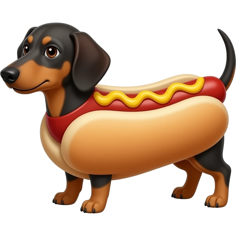 Weiner dog dressed as a hot dog celebrating a win over two other dogs emoji