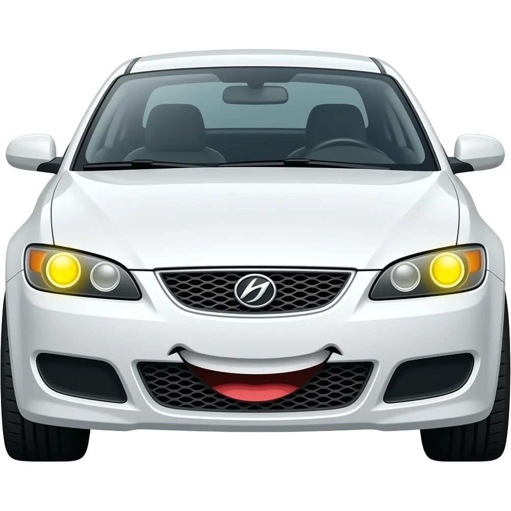 White car with yellow eyes as the headlights and a happy mouth emoji