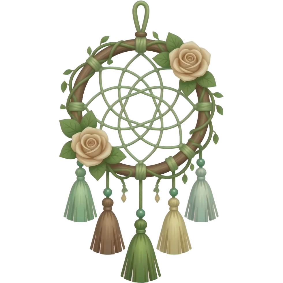 Hippie-like Cute dainty neat Pastel Green-white-brownish-beige-gradients thread-rope-hanging dreamcatcher, pastel colors, whitish, light, green academia aesthetic, mossy, with green vines and beige roses, Cottagecore, Princesscore, shiny glistening, vintage, tassels emoji