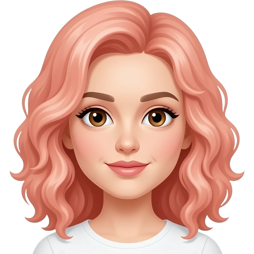 White brown-eyed woman with brown eyebrows and light coral pink curly hair emoji
